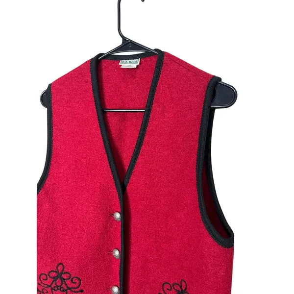 Vintage L.L.‎ Bean Wool Vest Women's Medium Red Black Embroidered Sleeveless - Image 2