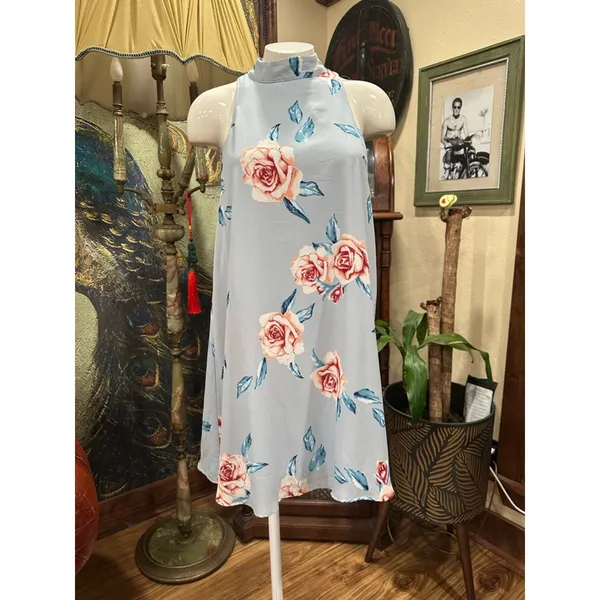 Show Me Your Mumu Dress Small Floral Halter Backless Mini Light Blue Peach Rose - Image 4