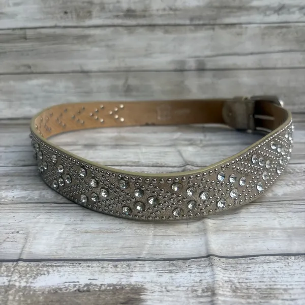 Studded Rhinestone Leather Belt 110CM 36.5" Tan Silver tone Western Glam Bling - Image 3