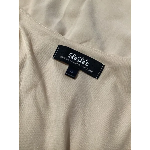Lulus Beige Long Sleeve Slit Shift Mini Dress V-Neck Pullover M - Image 7