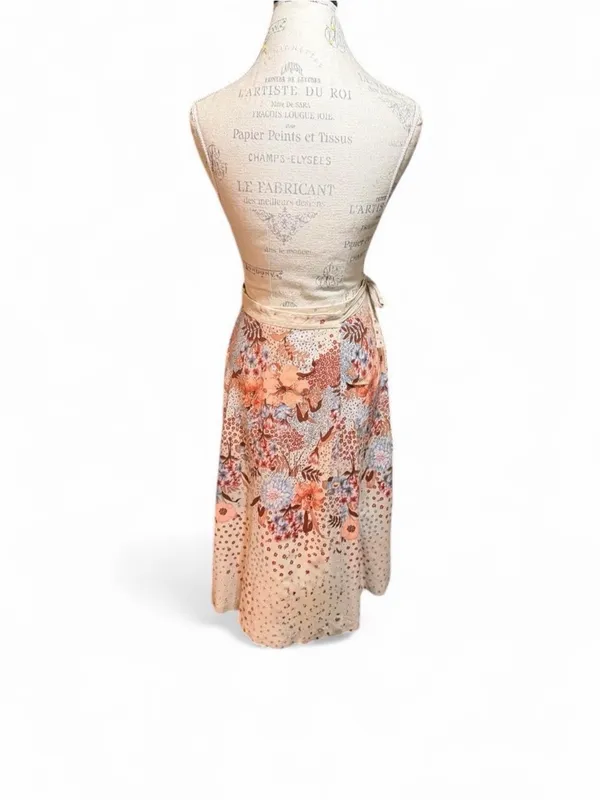 Orange, Brown, and Beige Floral Print A-Line Midi Wrap Skirt - Image 6