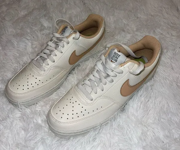 Nike Court Vision Low Basic White and Neutral Sneakers Tan Swoosh - Image 2