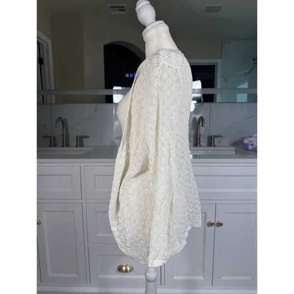 Ann Taylor Cardigan Women XL Cream Open Front Crochet Knit Pointelle - Image 7