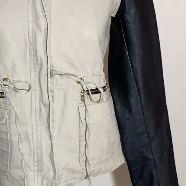 Women’s JJ utility jacket coat canvas contrast sleeves faux Leather small tan - Image 2