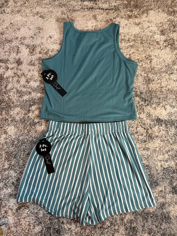 Diva Teal Ribbed Tank & Striped Shorts Set Green - Image 8