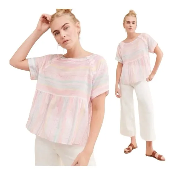 Anthropologie Letty Top Rainbow Pastels Embroidered Babydoll Top size Medium - Image 2