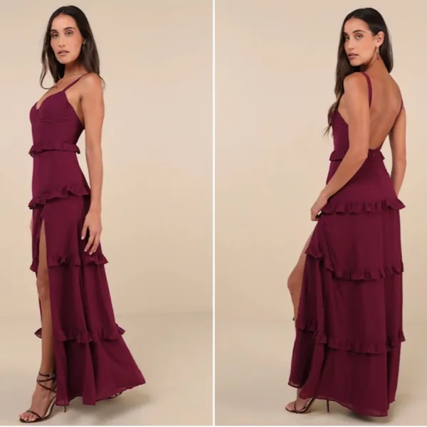 LULU's Holiday Bustier Sexy Flowy Prom Wedding Chic Flowy Ruffles Maxi Dress - Image 5