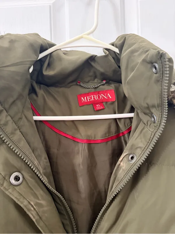 Merona Olive Green Puffer Coat with Faux Fur Trim Hood - Image 4