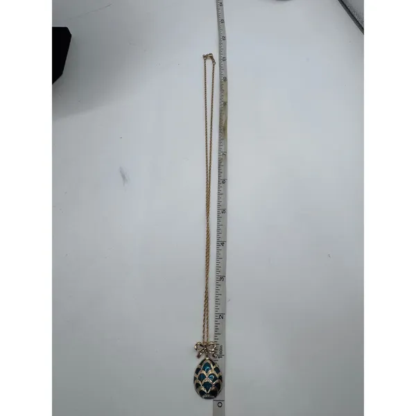 Vintage Blue Enamel Egg Pendant Necklace Bow Detail Gold Tone Chain‎ 18" - Image 8