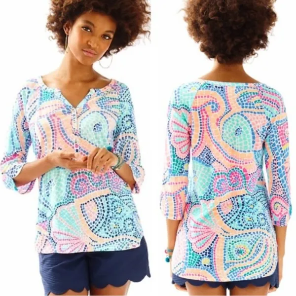 Lilly Pulitzer Womens Egret Tile Wave 100% Linen Henley Tunic Top - Image 2