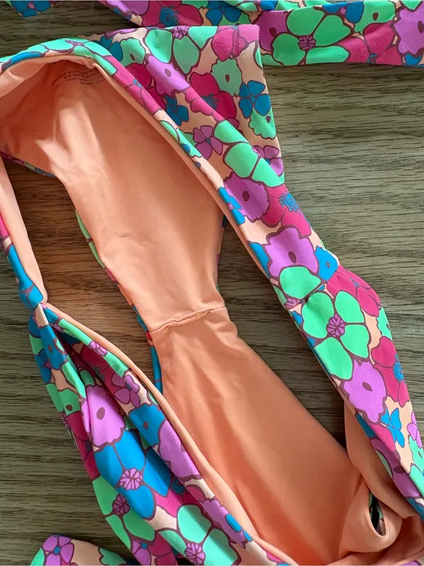 Frankie's Bikinis Peach Floral Trim Bikini Top - Image 3