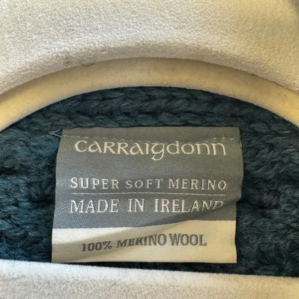 Carraig Donn Irish Merino Wool Cable Knit Cardigan Teal Blue XS Made in Ireland - Image 8