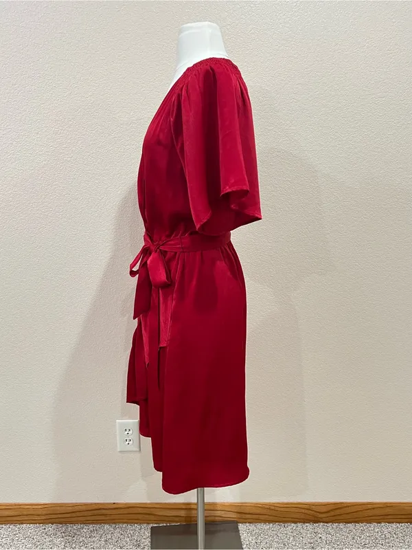 Maurices Deep Red Semi Satin Faux Wrap Ruffle Midi Dress Size Medium - Image 6