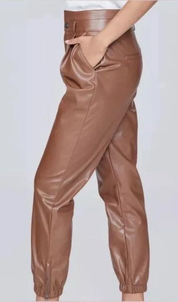 Paige‎ High Rise Pleated Mayslie Jogger Pants, Faux Leather Cognac, Size 10, NEW - Image 2