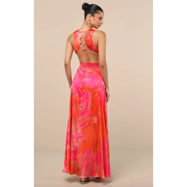 Lulus Dedra Pink and Orange Abstract Pleated Maxi Dress Formal Satin Large NWT - Image 2