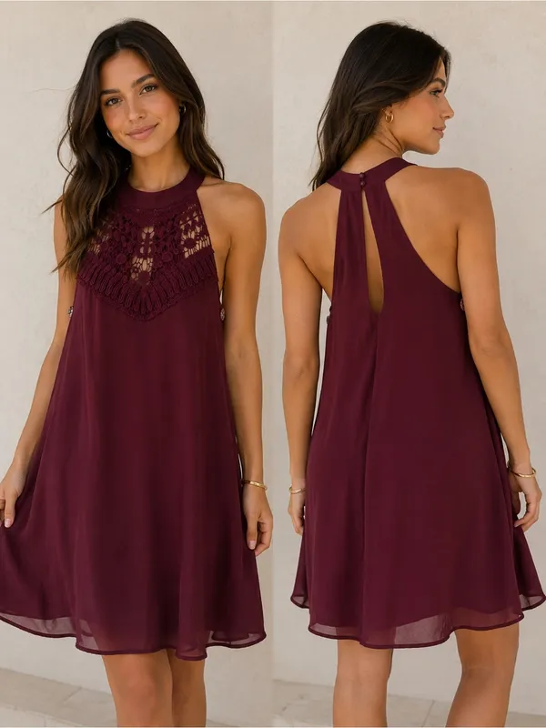 Women's Crochet Yoke Halter Dress - Burgundy - Image 2