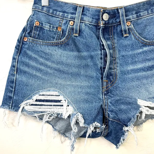 Levi's Medium Wash Button Fly Distressed Mid-Rise Cut-Off Denim Jean Shorts - Image 4
