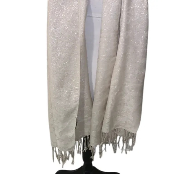 RSVP Sparkly Cream Scarf with Fringe Winter Holiday Gold Sparkles - Image 3