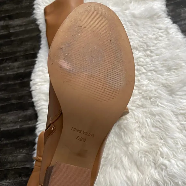 Nine West Brown Tan Knee High Faux Leather Boots Buckle Detail Quiet Luxury - Image 4