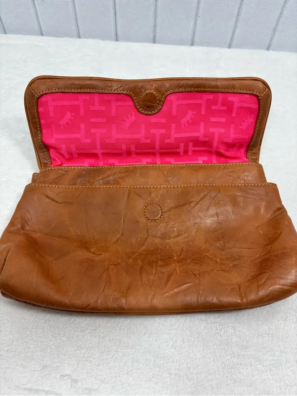 Elaine Turner Tan Brown Leather Clutch with Bamboo Accent - Image 2