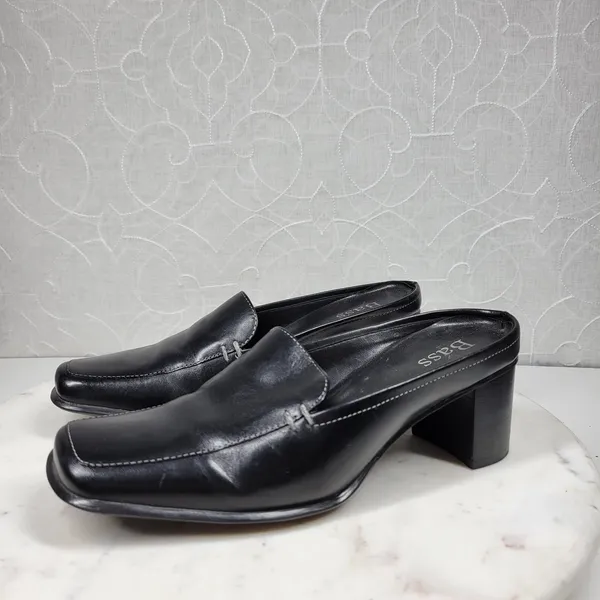 VTG Bass Artist Mules Womens 6 Black Leather Slip On Square Toe Block Heel 2003 - Image 4