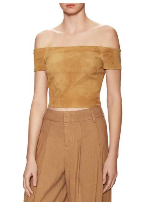 Alice + Olivia Gracelyn Off Shoulder Suede Crop Top - Image 3