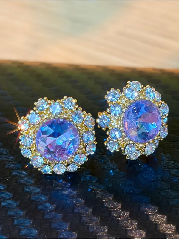 New S925 Silver Post Purple Round Crystal Sunflower Stud Earrings - Image 6
