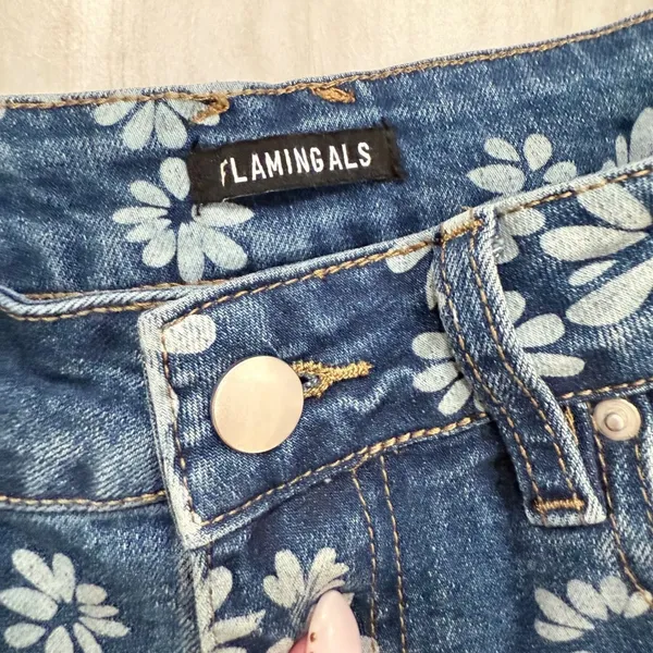 Flamingals Blue Daisy Floral Barrel Jeans Large High Rise Retro - Image 2