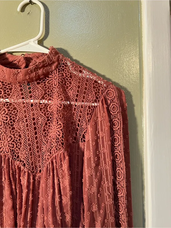 Hazel Women’s Size Small Blouse Long Sleeve Mock Neck Crochet Swiss Dot Metallic - Image 5