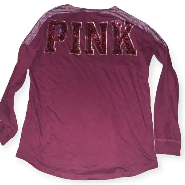 Victoria's Secret PINK Sequin Bling V-Neck Varsity Crew Tee Maroon Medium - Image 3