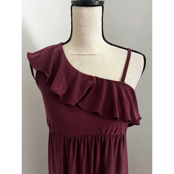 Soma One Shoulder Ruffle Dress sz Medium Purple Wine Soft Romantic Feminine Coquette - Image 3