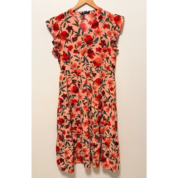 PrettyGarden Floral Dress Sz L Midi Tiered Flutter Sleeve Pockets Boho Summer - Image 2
