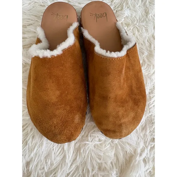 Beek Anthropology Suede‎ Clogs Shearling Lined Wooden Platform Slip On Mules - Image 8