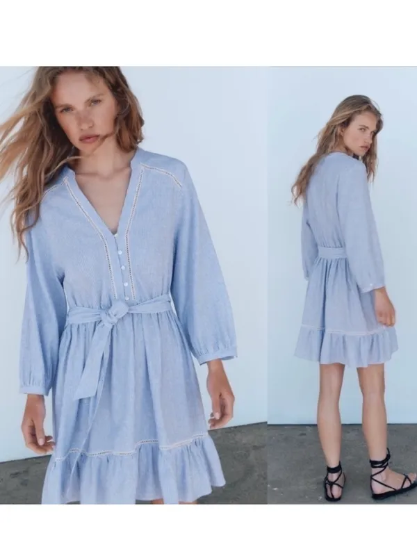Zara Women's Size Large Mini Shirt Dress Blue White Stripes Crochet Belted Linen - Image 2