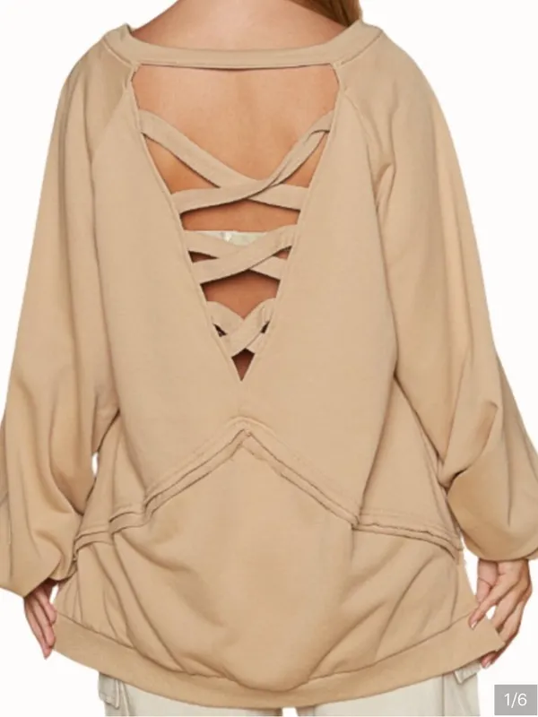 POL French terry pullover sweatshirt crisscross strappy open-back raw hem detail - Image 4