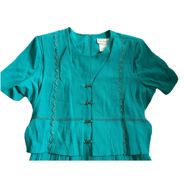 VTG 90s Miss Dorby Teal Dress 16 Career Midi Crinkle Rayon Faux Vest Cottagecore - Image 4
