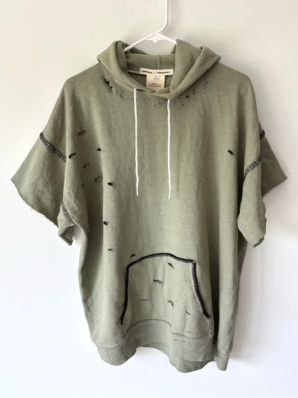 Free People x Tricia Fix Green Short-sleeve Hoodie Distressed Holes Black Stitch - Image 2