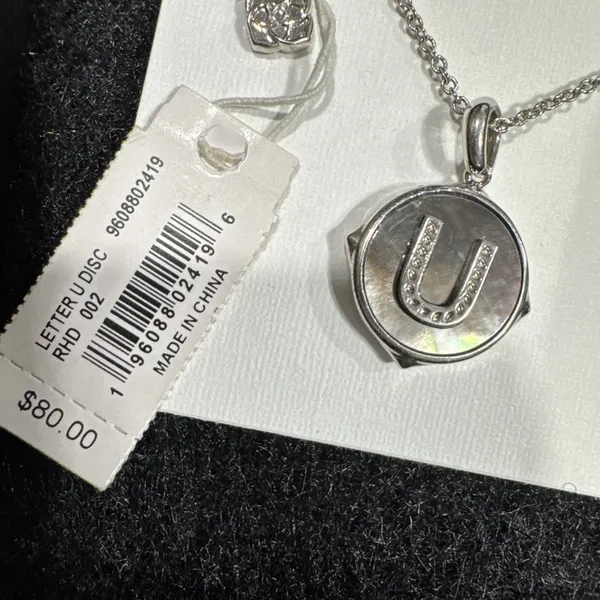 Kendra Scott Letter "U" Disc Pendant Necklace Rhodium Black Mother-Of-Pearl - Image 2