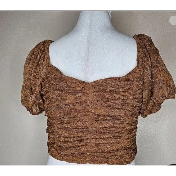 Meraki Brown Boho Lace Up Puff Sleeve Crop Peasant Top Sz L Festival Cottagecore - Image 3