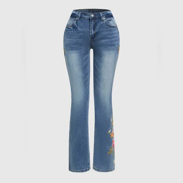 Flamingals Floral Embroidery Mid Waist High Stretch Bootcut Jeans with Pockets - Image 3