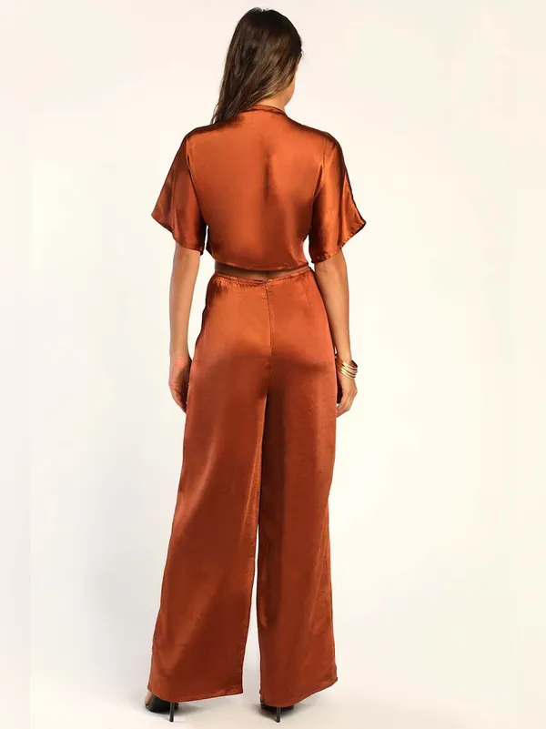 Lulus | Flirt For Fun Rust Brown Tie-Front Two-Piece Wide-Leg Jumpsuit, XS - Image 3
