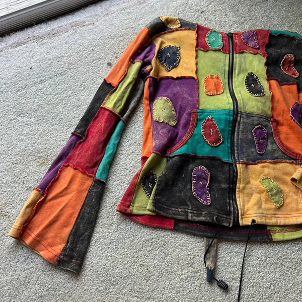Colorful Festival Zip Up Jacket Earthy Patchwork Bohemian Hippie Eclectic - Image 3