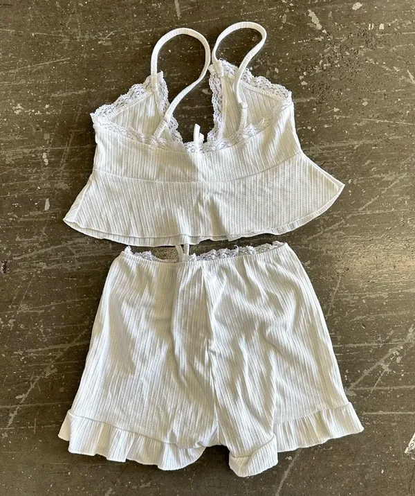 White Lace Trim Ruffle Lacing Lounge Set - Image 5