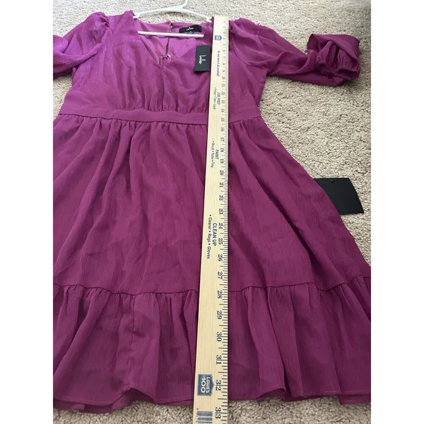 Lulus New Purple Magenta Metallic Sheer Long Sleeve Mini Dress Size Medium Party - Image 7