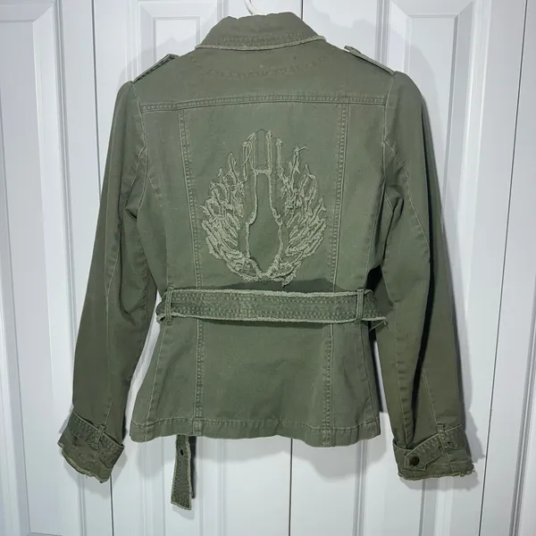 Free People Lux Military‎ Utility Jacket Womens S Green Belted Embroidered Wings - Image 5