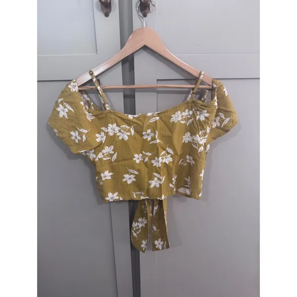 Billabong Mustard Yellow Floral Cold Shoulder Tie‎ Front Crop Top Large Womens - Image 4
