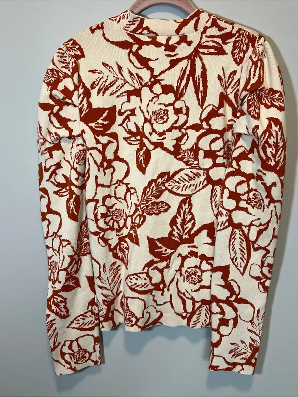 Baltic Born Sebastian‎ Puff Sleeve Shoulder Floral Knit Sweater XL Cream Orange - Image 14