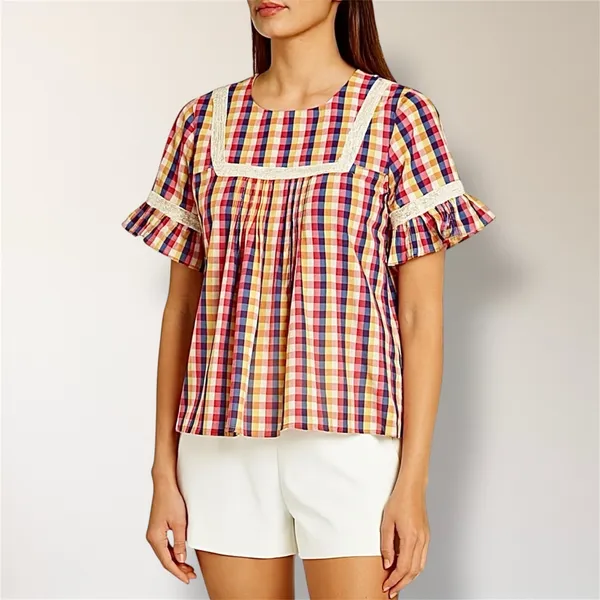 English‎ Factory Anthropologie Gingham Check Ruffle Sleeve Top Cottagecore Boho - Image 2