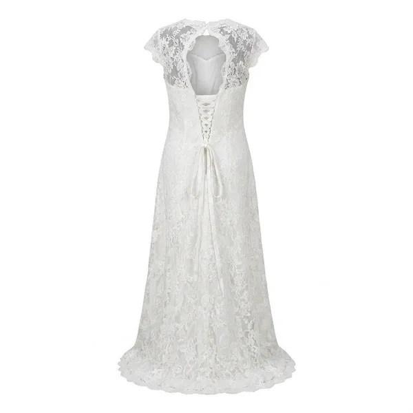White Lace Wedding Gown Size 18 with Cinch Buttons Short Train Hem Scallop - Image 2