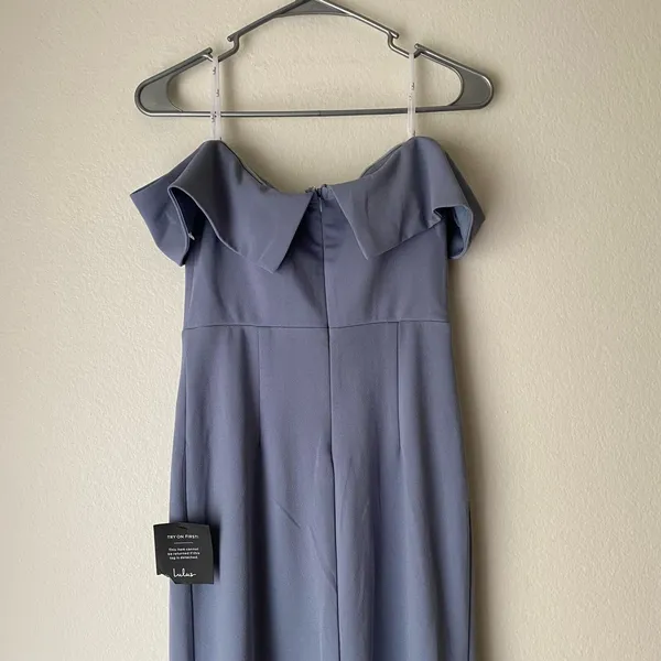 Lulus Off The Shoulder‎ Maxi Dress Slate Blue Flowy Slit sz S Formal NWT - Image 7